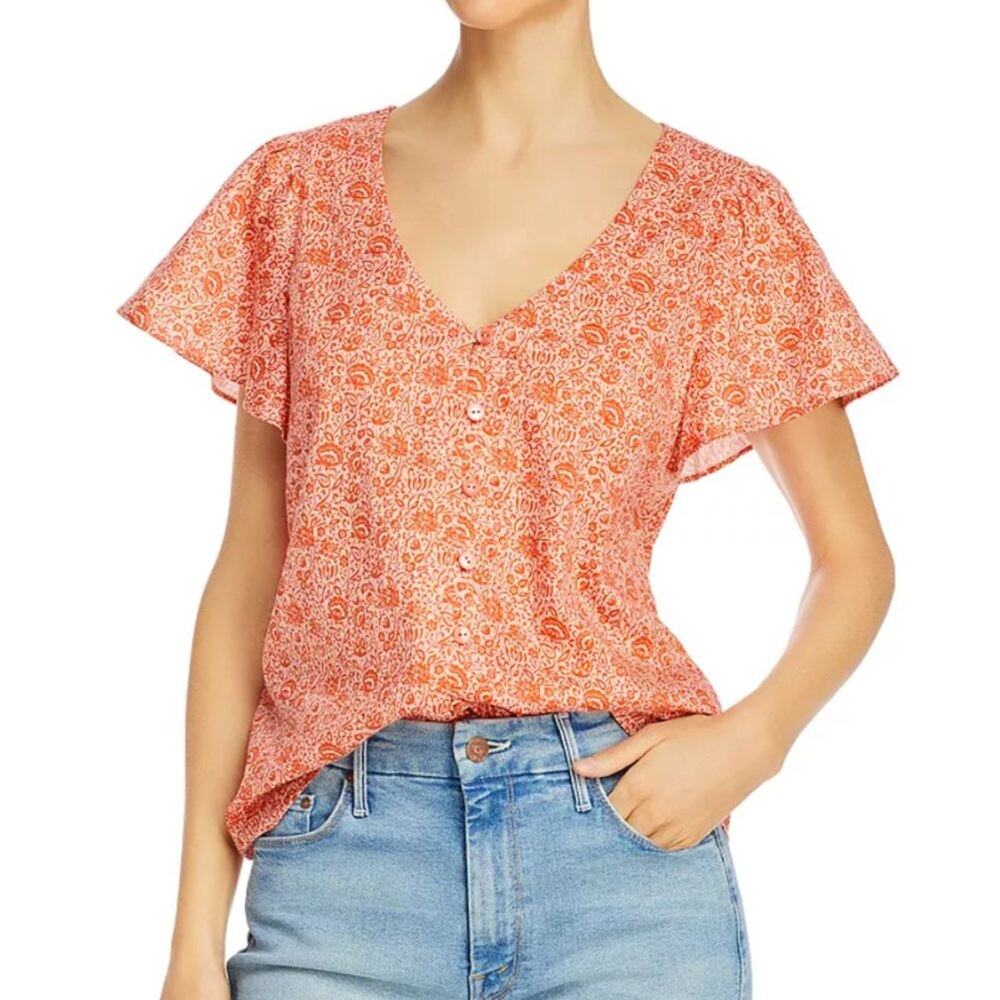 NWT Parker Gloria V Neck Printed Short Sleeve Button Front Top XS
